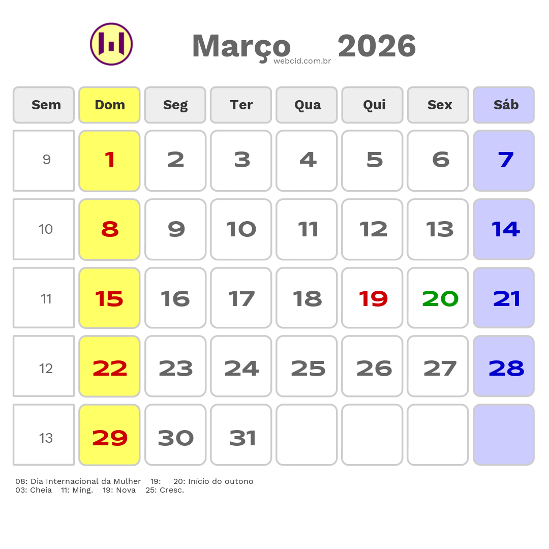 Calendário 2026 - Março - Carnauba dos Dantas-RN com feriados e fases da lua