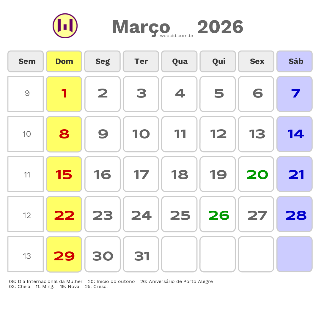 Calendário 2026 - Março - Porto Alegre-RS com feriados e fases da lua