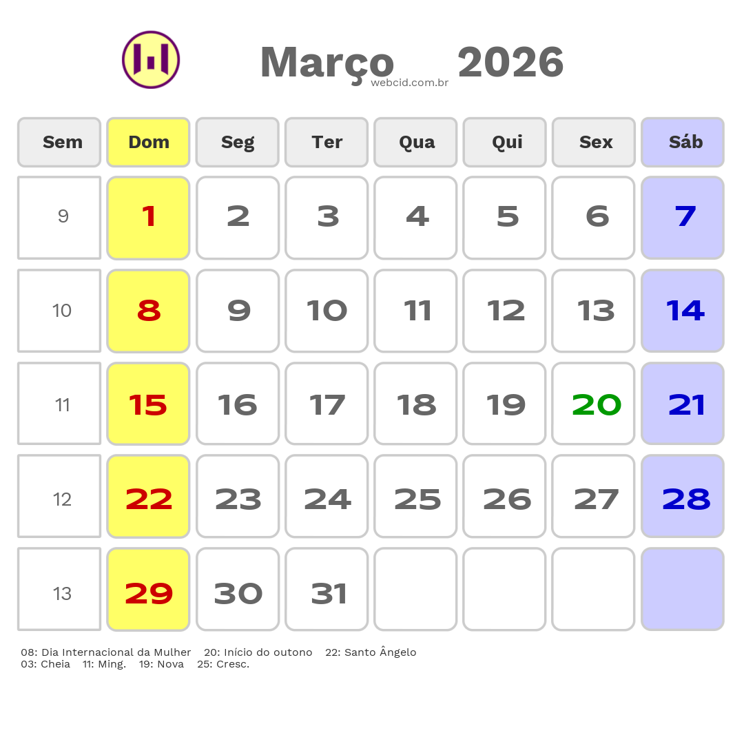 Calendário 2026 - Março - Santo Ângelo-RS com feriados e fases da lua