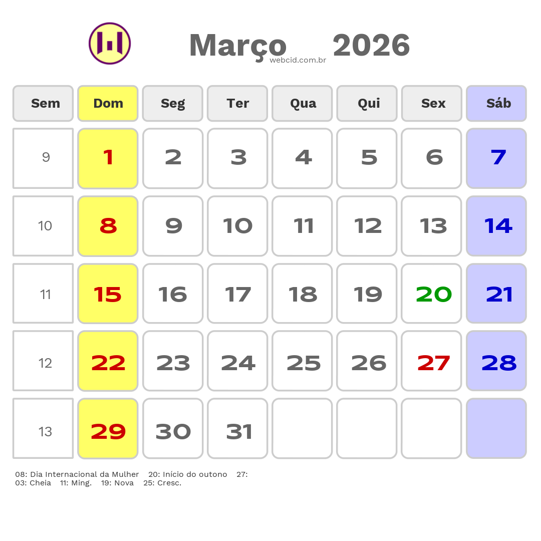 Calendário 2026 - Março - Mairipora-SP com feriados e fases da lua