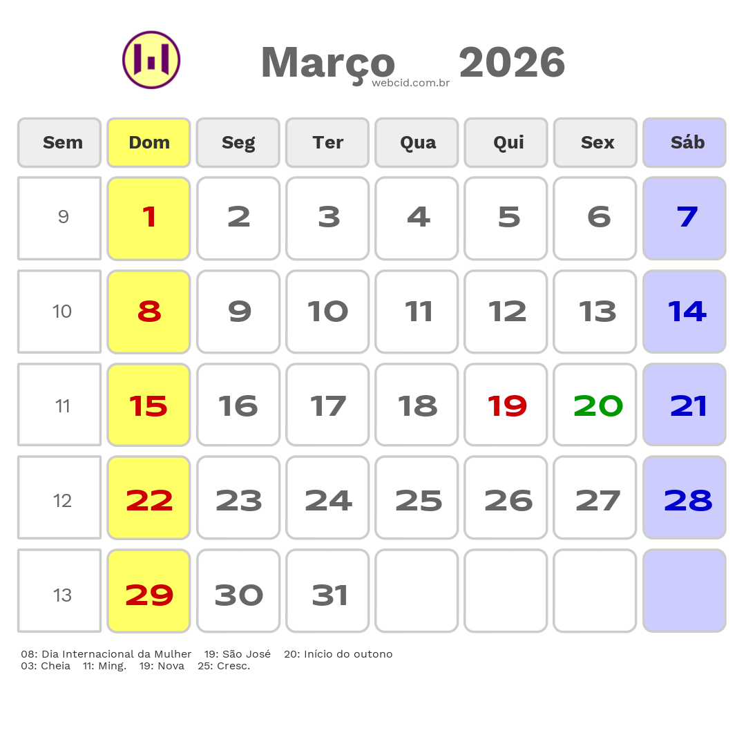 Calendário 2026 - Março - Mogi Mirim-SP com feriados e fases da lua