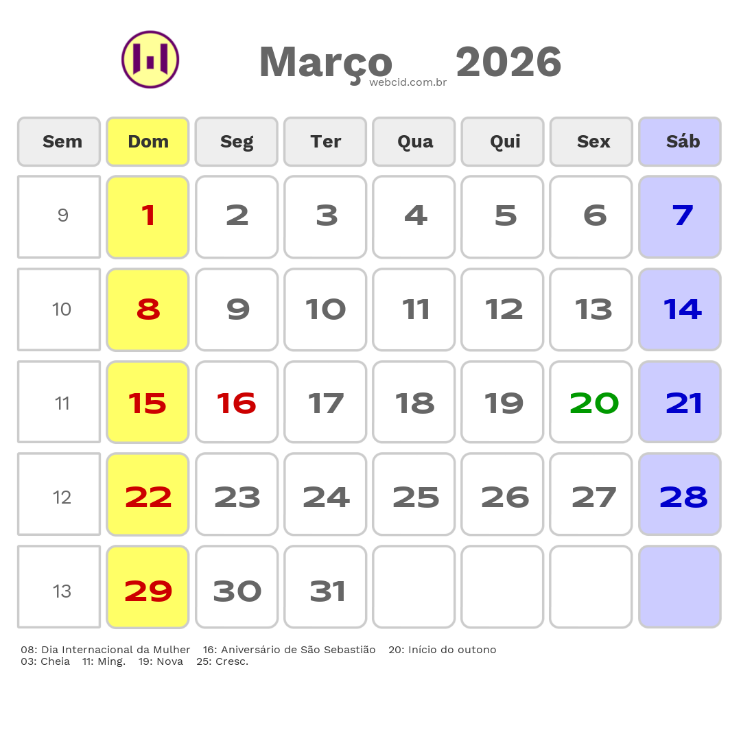 Calendário 2026 - Março - São Sebastião-SP com feriados e fases da lua