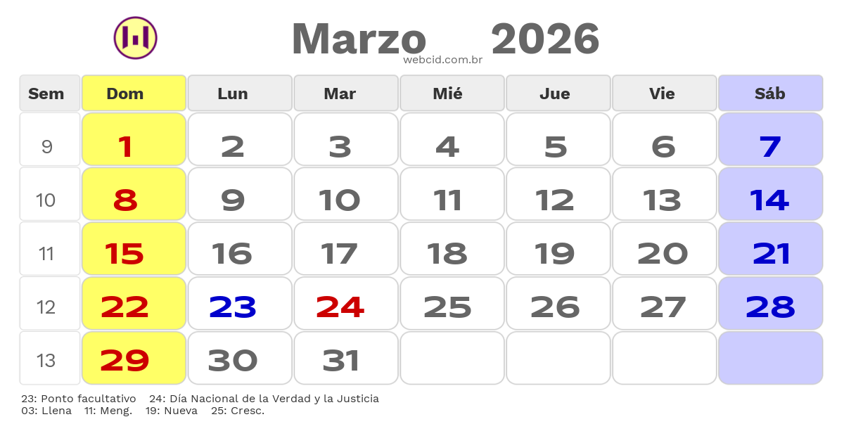 Calendario 2026 - Marzo - Argentina com feriados e fases da lua