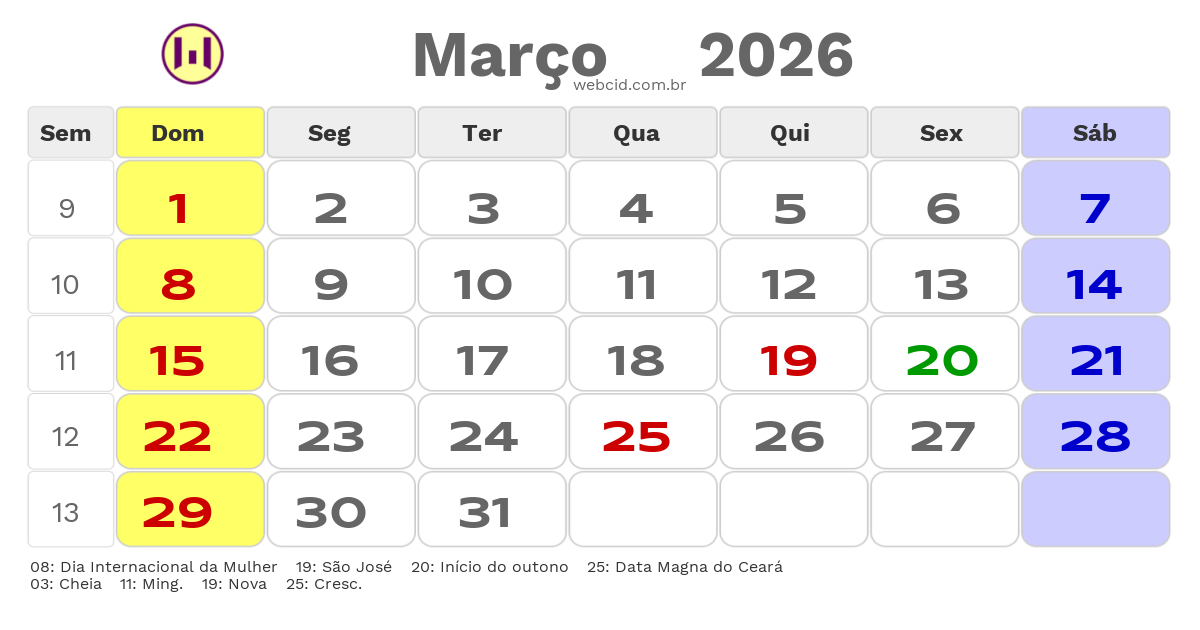 Calendário 2026 - Março - Guaiuba-CE com feriados e fases da lua