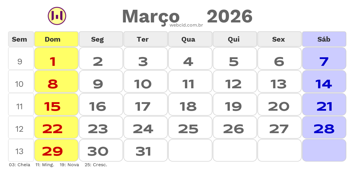 Calendário 2026 - Março - Copa do Mundo FIFA com feriados e fases da lua