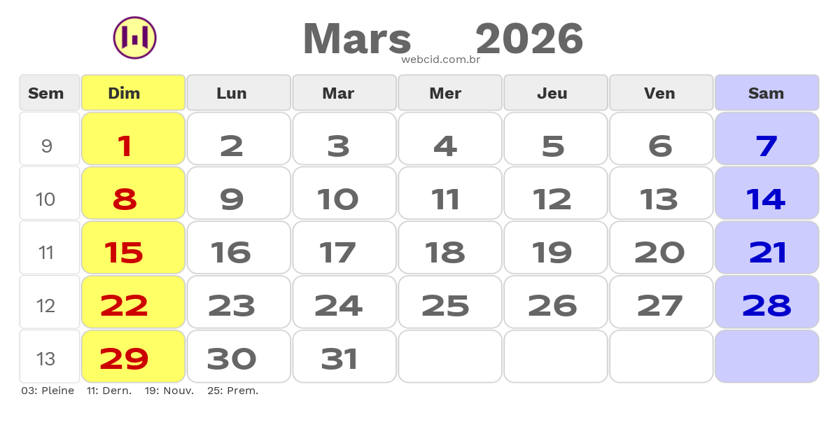 Calendrier 2026 - Mars - La France com feriados e fases da lua