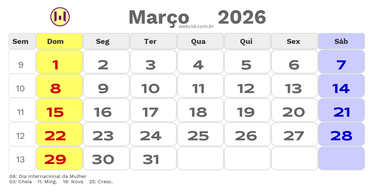 Calendário 2026 - Março - Guiné-Bissau com feriados e fases da lua