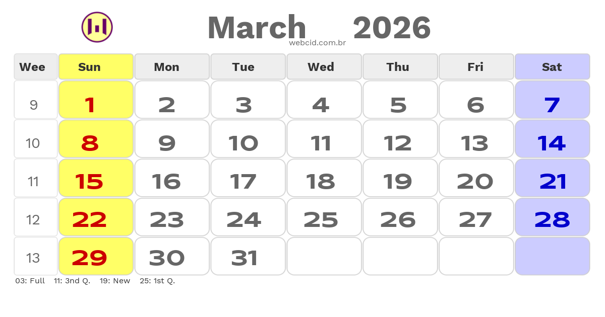 Calendar 2026 - March - Inglaterra com feriados e fases da lua