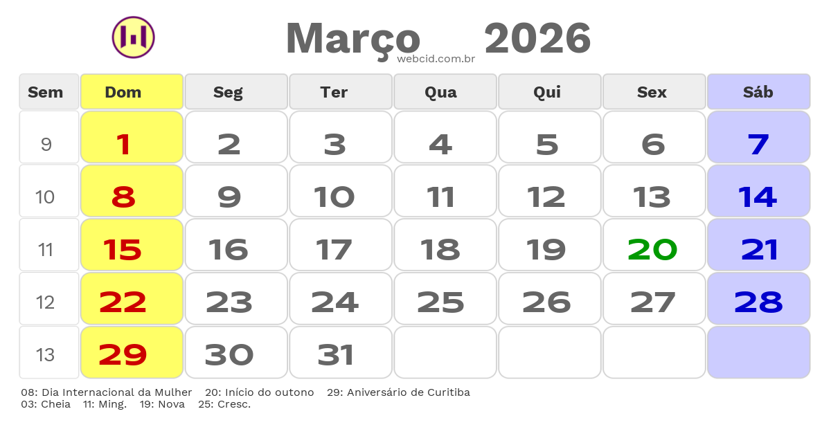 Calendário 2026 - Março - Curitiba-PR com feriados e fases da lua