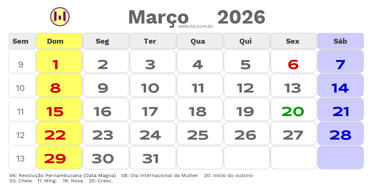Calendário 2026 - Março - Caruaru-PE com feriados e fases da lua