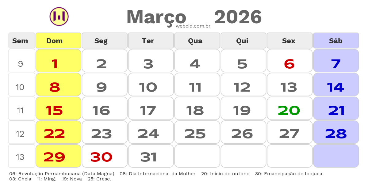 Calendário 2026 - Março - Ipojuca-PE com feriados e fases da lua