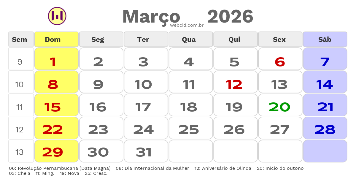 Calendário 2026 - Março - Olinda-PE com feriados e fases da lua
