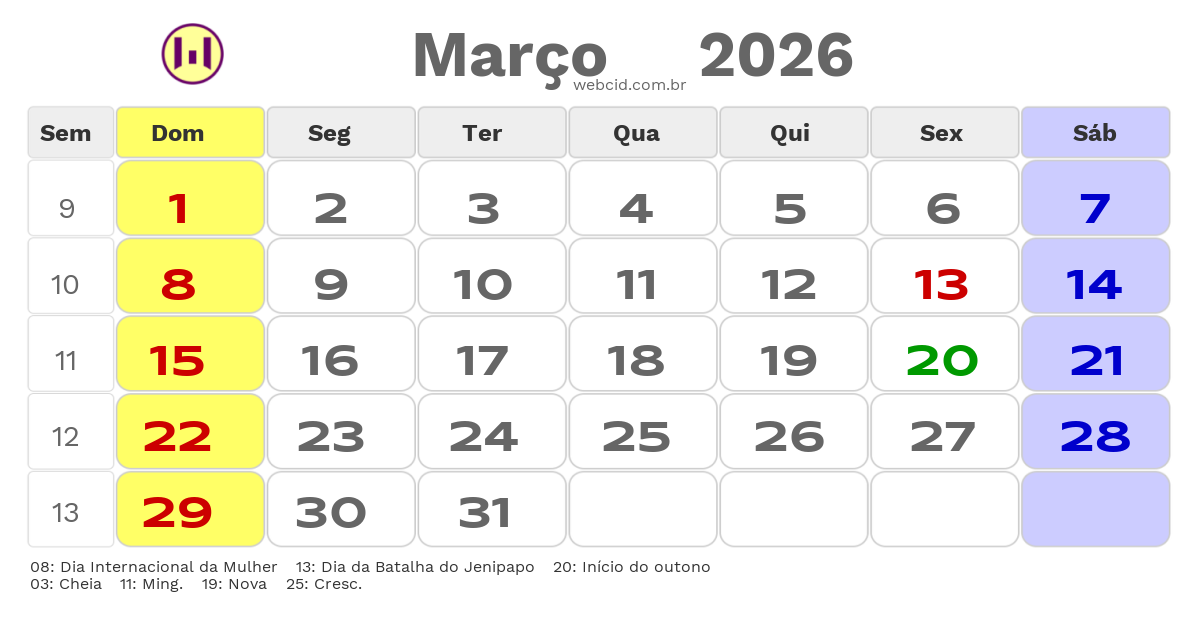 Calendário 2026 - Março - Oeiras-PI com feriados e fases da lua