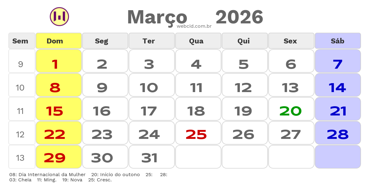 Calendário 2026 - Março - Alto do Rodrigues-RN com feriados e fases da lua