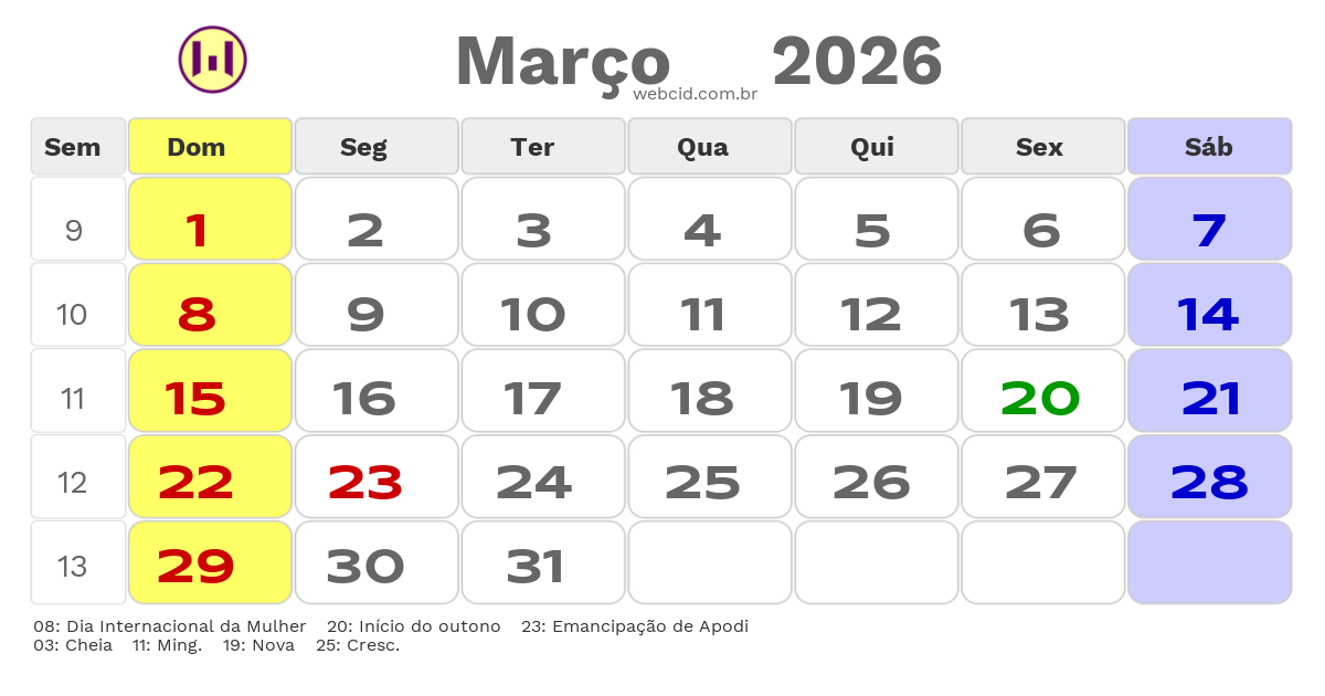 Calendário 2026 - Março - Apodi-RN com feriados e fases da lua