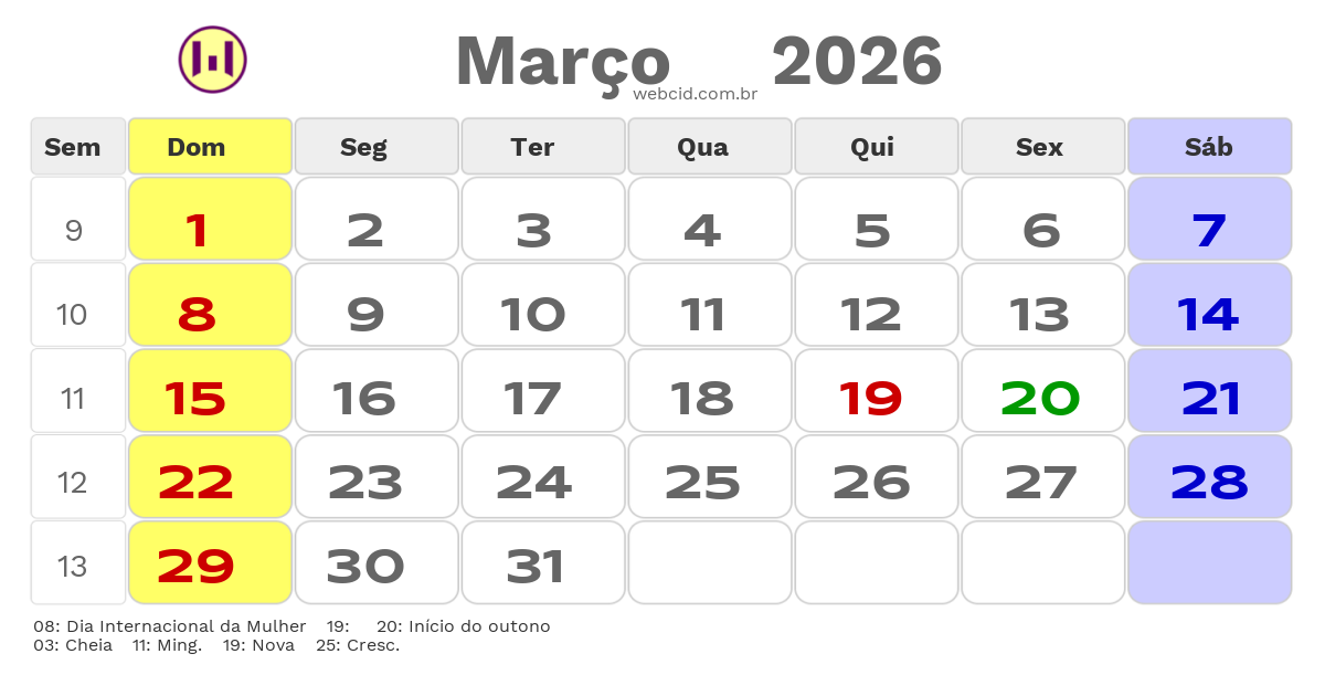 Calendário 2026 - Março - Carnauba dos Dantas-RN com feriados e fases da lua