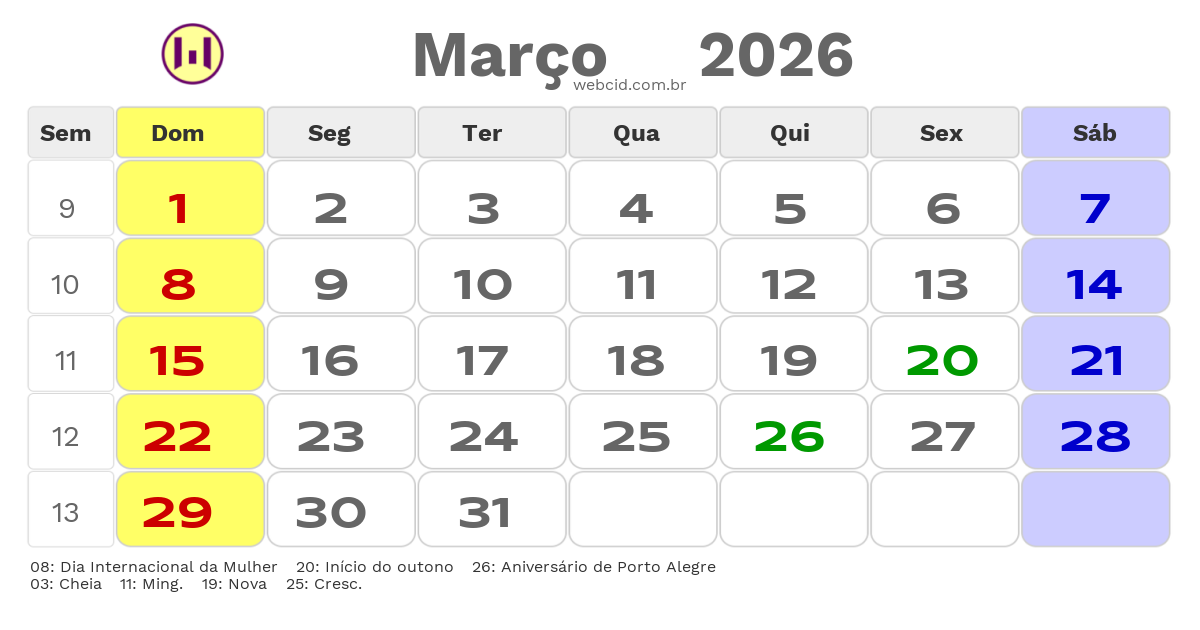 Calendário 2026 - Março - Porto Alegre-RS com feriados e fases da lua