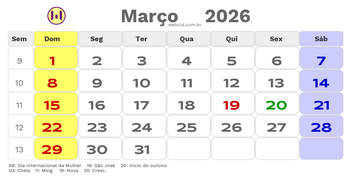 Calendário 2026 - Março - Mogi Mirim-SP com feriados e fases da lua