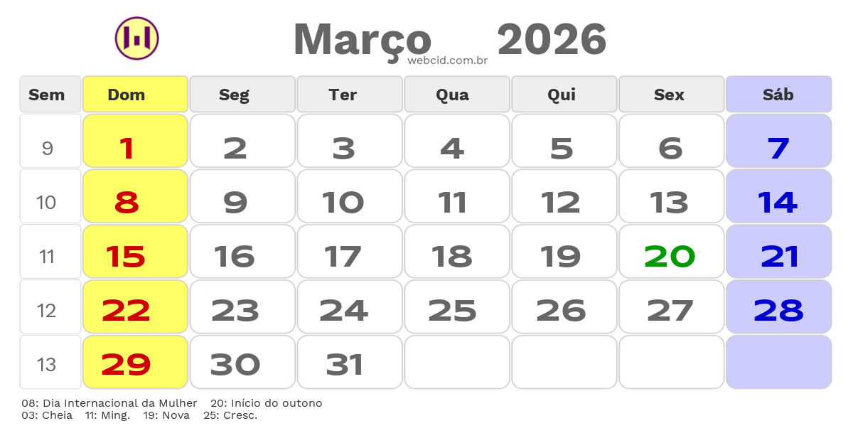 Calendário 2026 - Março - Paulínia-SP com feriados e fases da lua