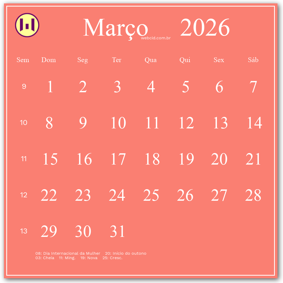 Calendário 2026 - Março - Brasil com feriados e fases da lua