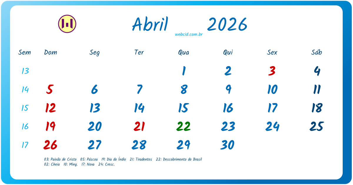Calendário 2026 - Abril - Brasil com feriados e fases da lua
