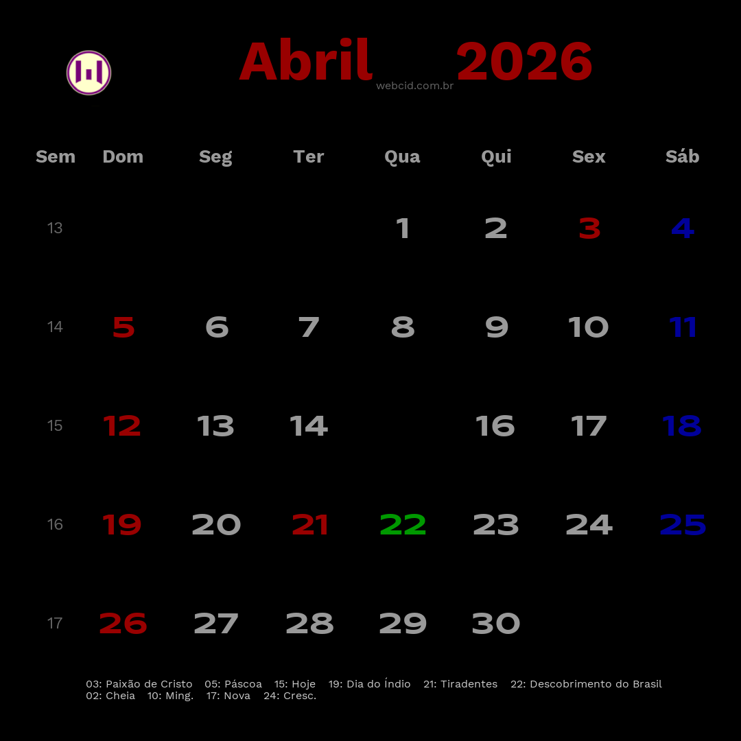 Calendário 2026 - Abril - Brasil com feriados e fases da lua