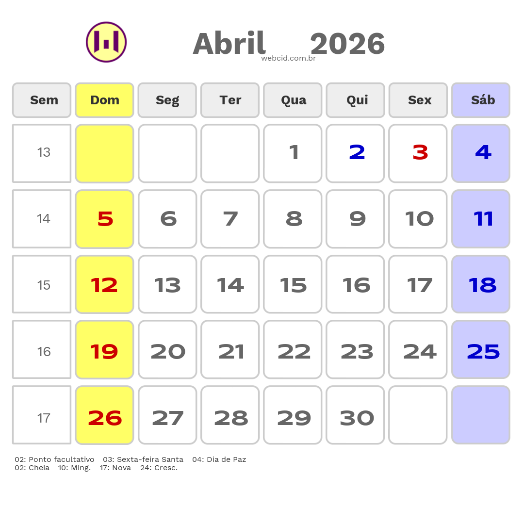 Calendário 2026 - Abril - Angola com feriados e fases da lua