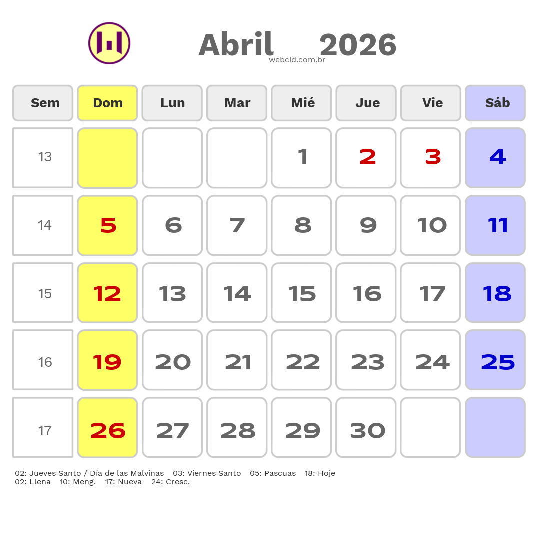 Calendario 2026 - Abril - Argentina com feriados e fases da lua