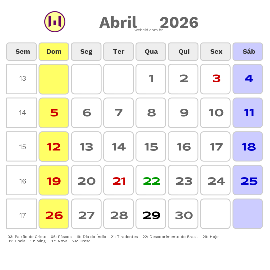 Calendário 2026 - Abril - Eunápolis-BA com feriados e fases da lua