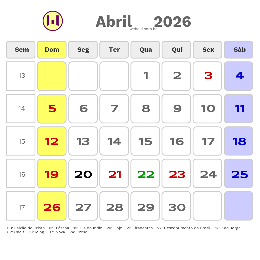 Calendário 2026 - Abril - Ilhéus-BA com feriados e fases da lua