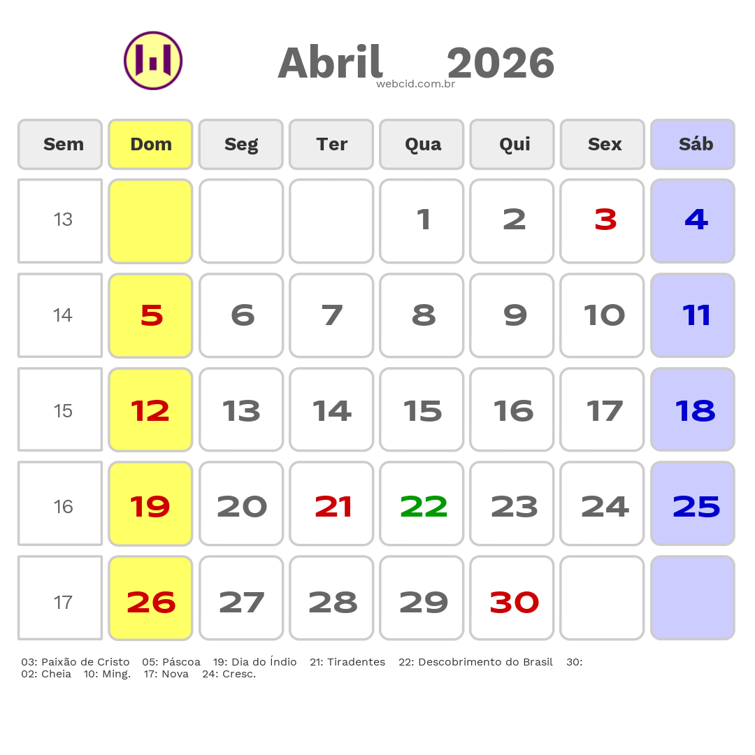 Calendário 2026 - Abril - Nilo Pecanha-BA com feriados e fases da lua
