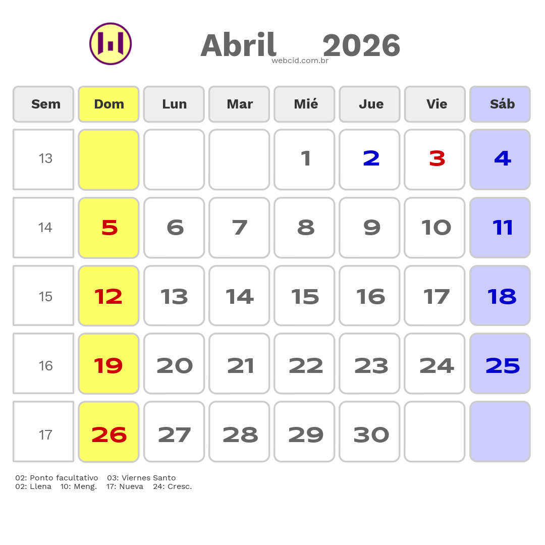 Calendario 2026 - Abril - Bolívia com feriados e fases da lua