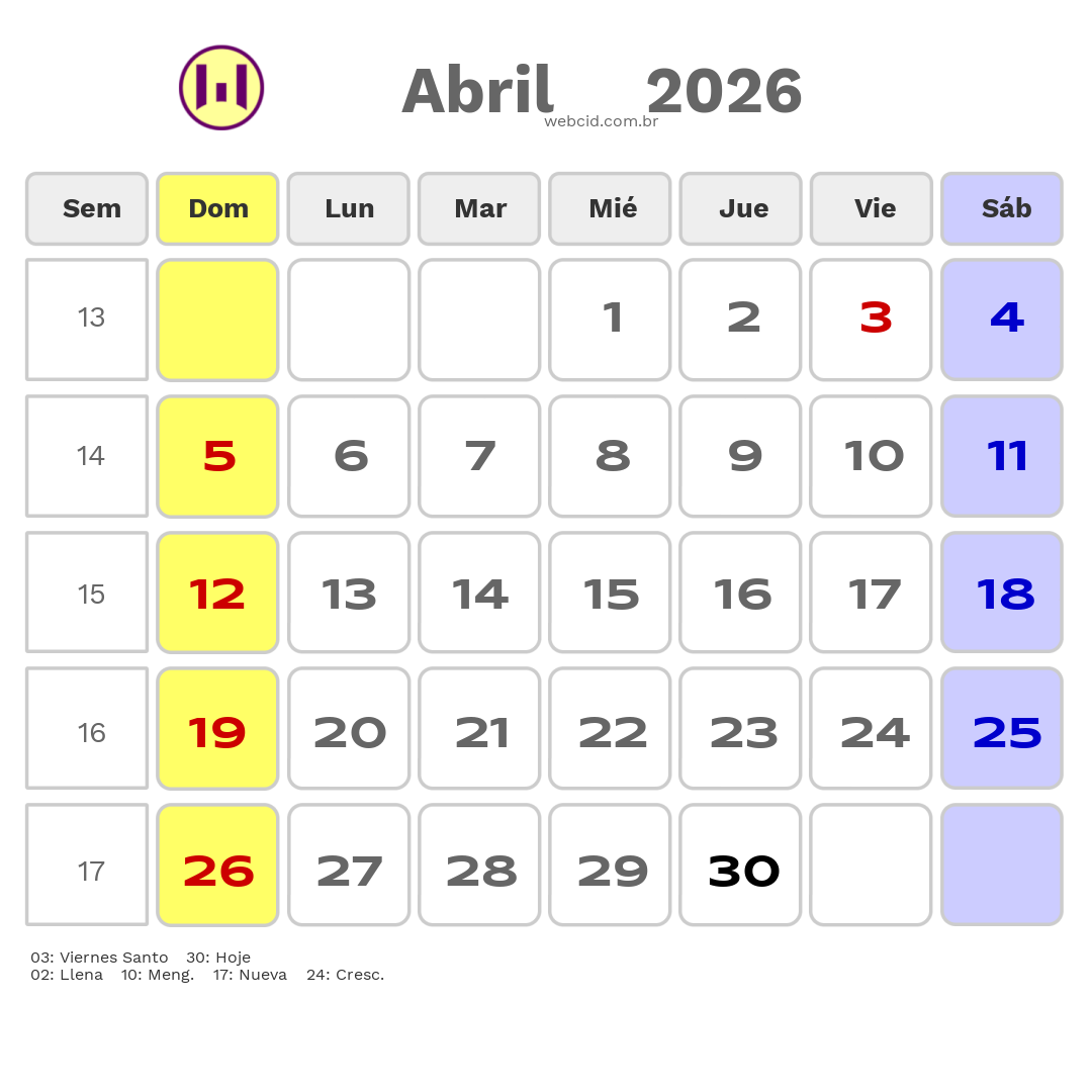 Calendario 2026 - Abril - Chile com feriados e fases da lua