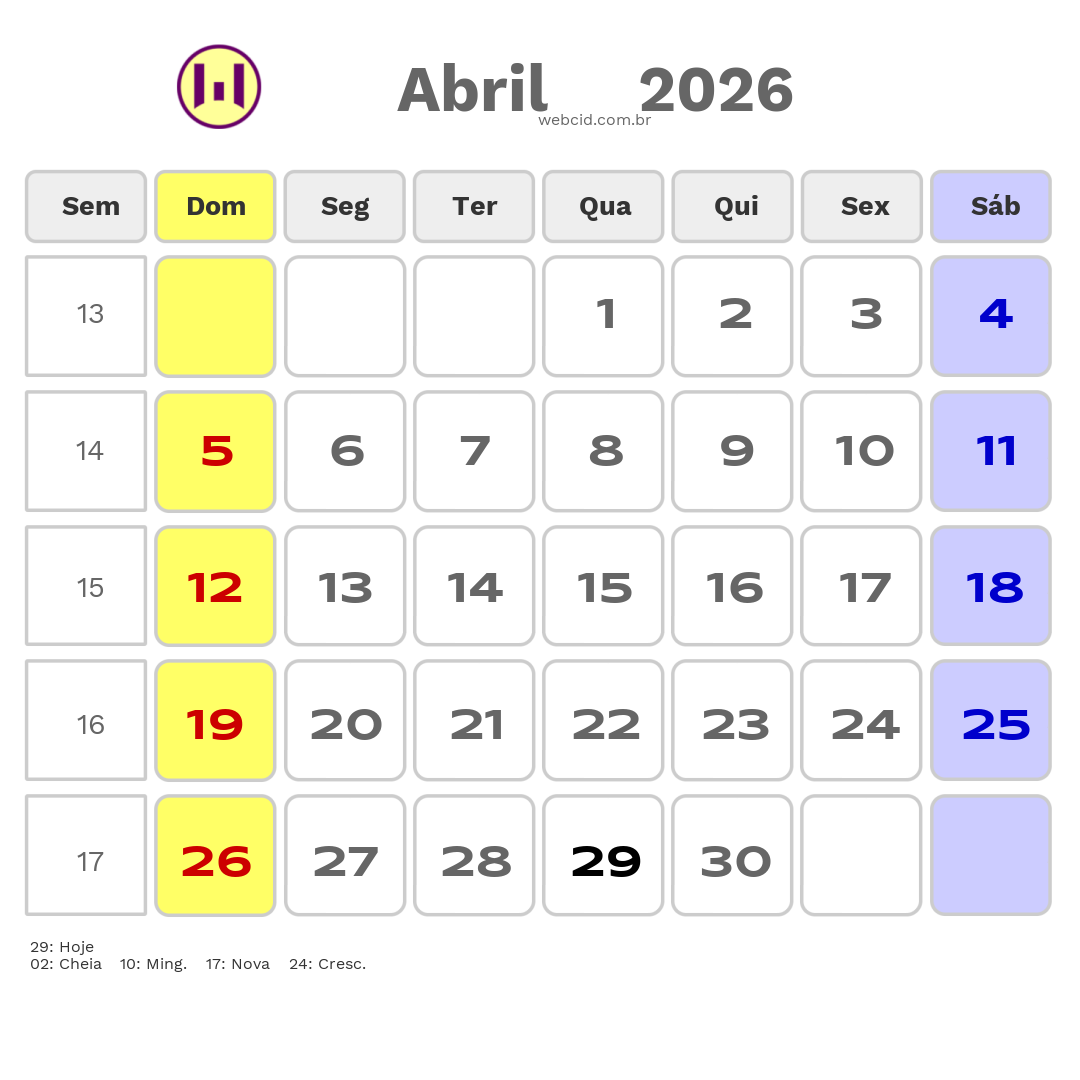 Calendário 2026 - Abril - Copa do Mundo FIFA com feriados e fases da lua