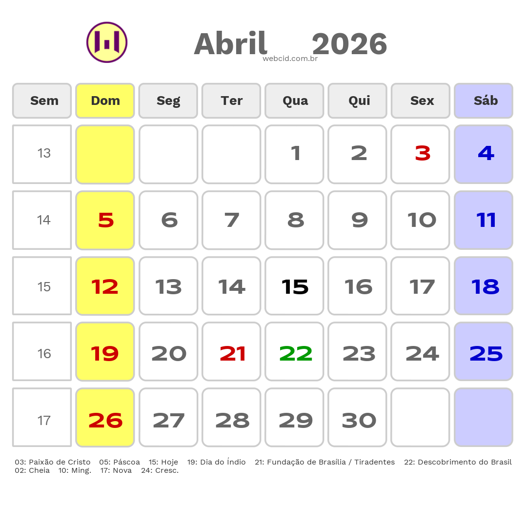 Calendário 2026 - Abril - Distrito Federal com feriados e fases da lua