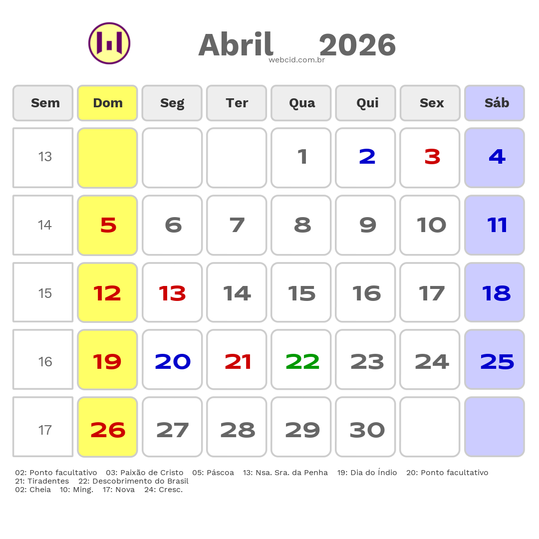 Calendário 2026 - Abril - Vitória-ES com feriados e fases da lua