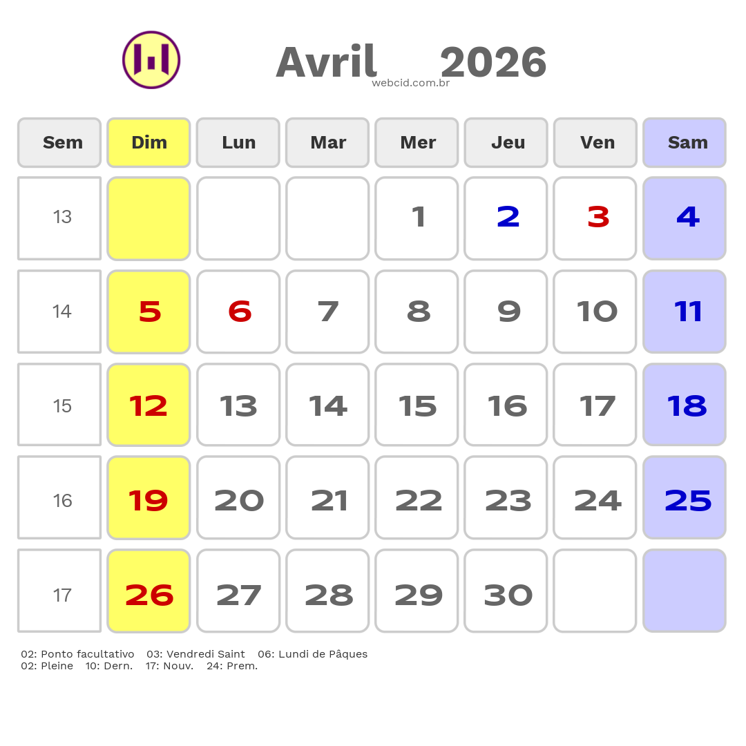 Calendrier 2026 - Avril - La France com feriados e fases da lua