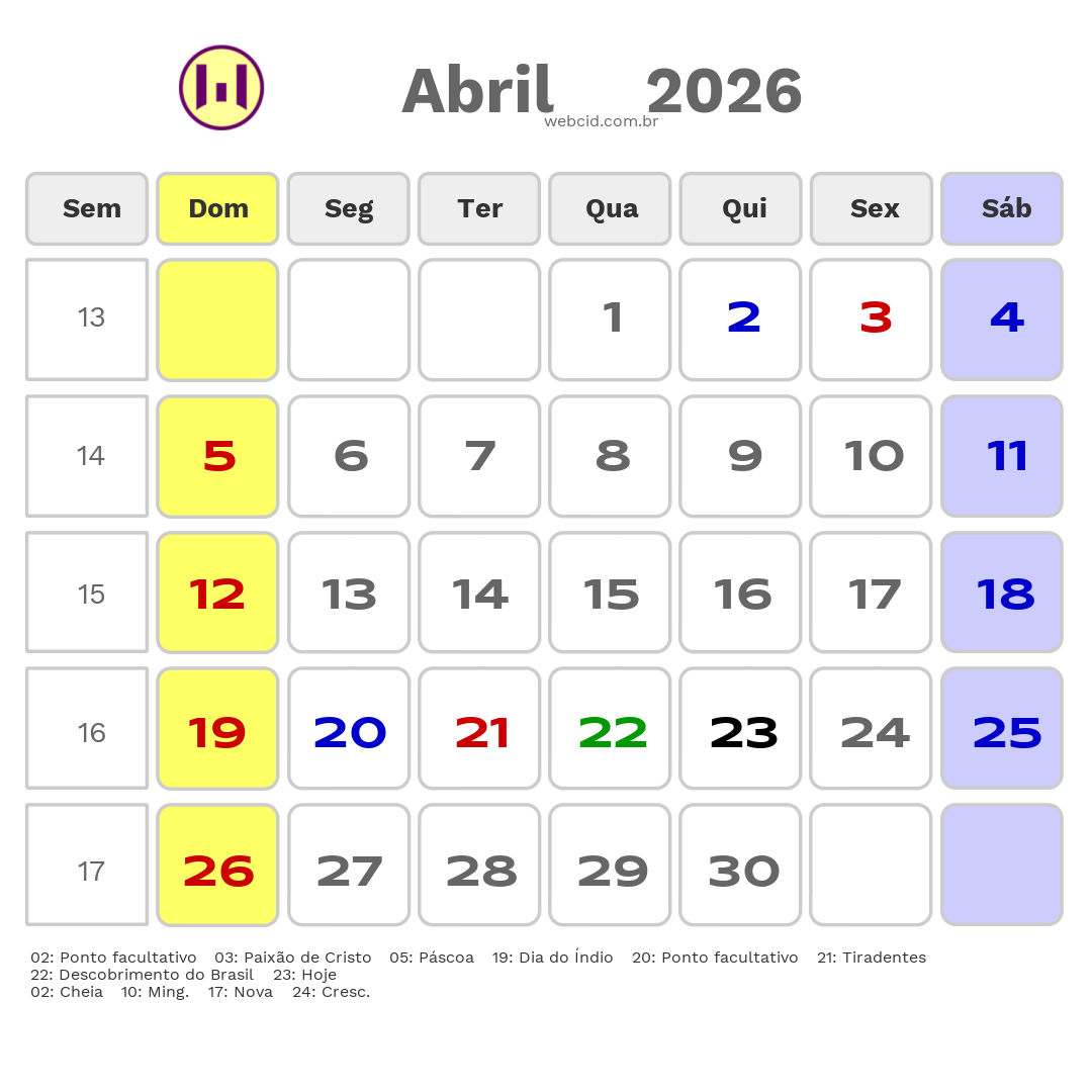 Calendário 2026 - Abril - Aparecida de Goiânia-GO com feriados e fases da lua