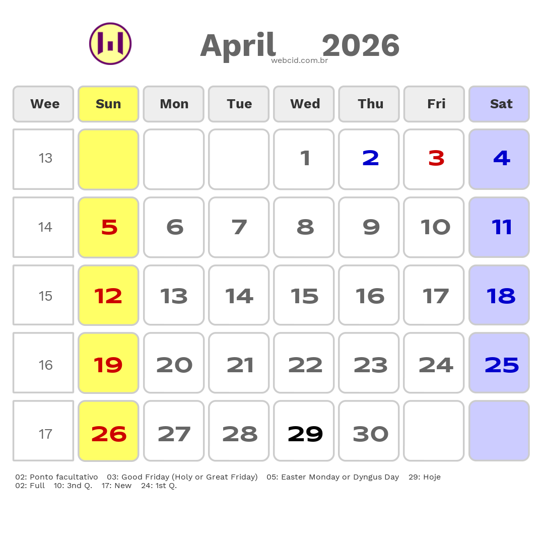 Calendar 2026 - April - Guyana com feriados e fases da lua