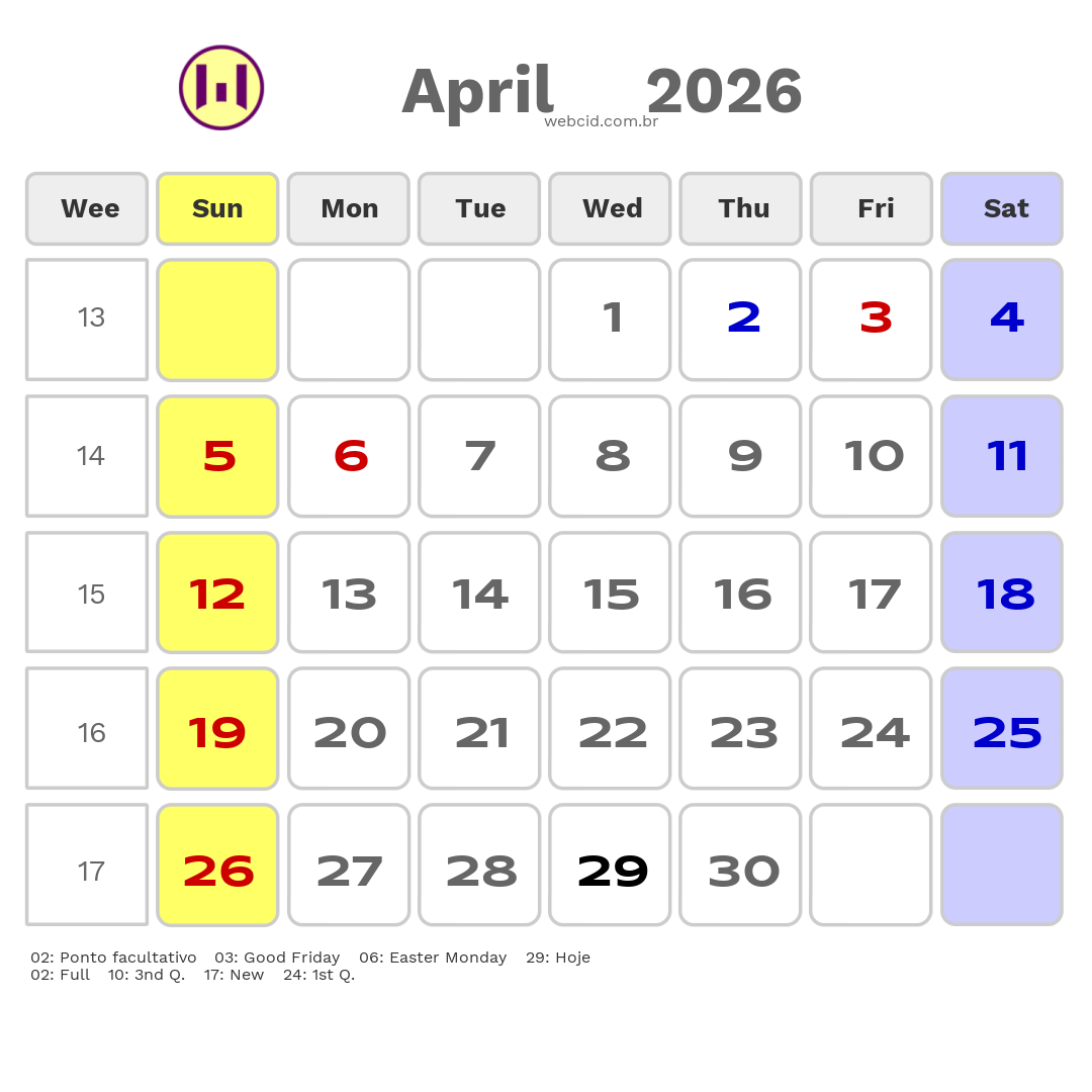 Calendar 2026 - April - Inglaterra com feriados e fases da lua
