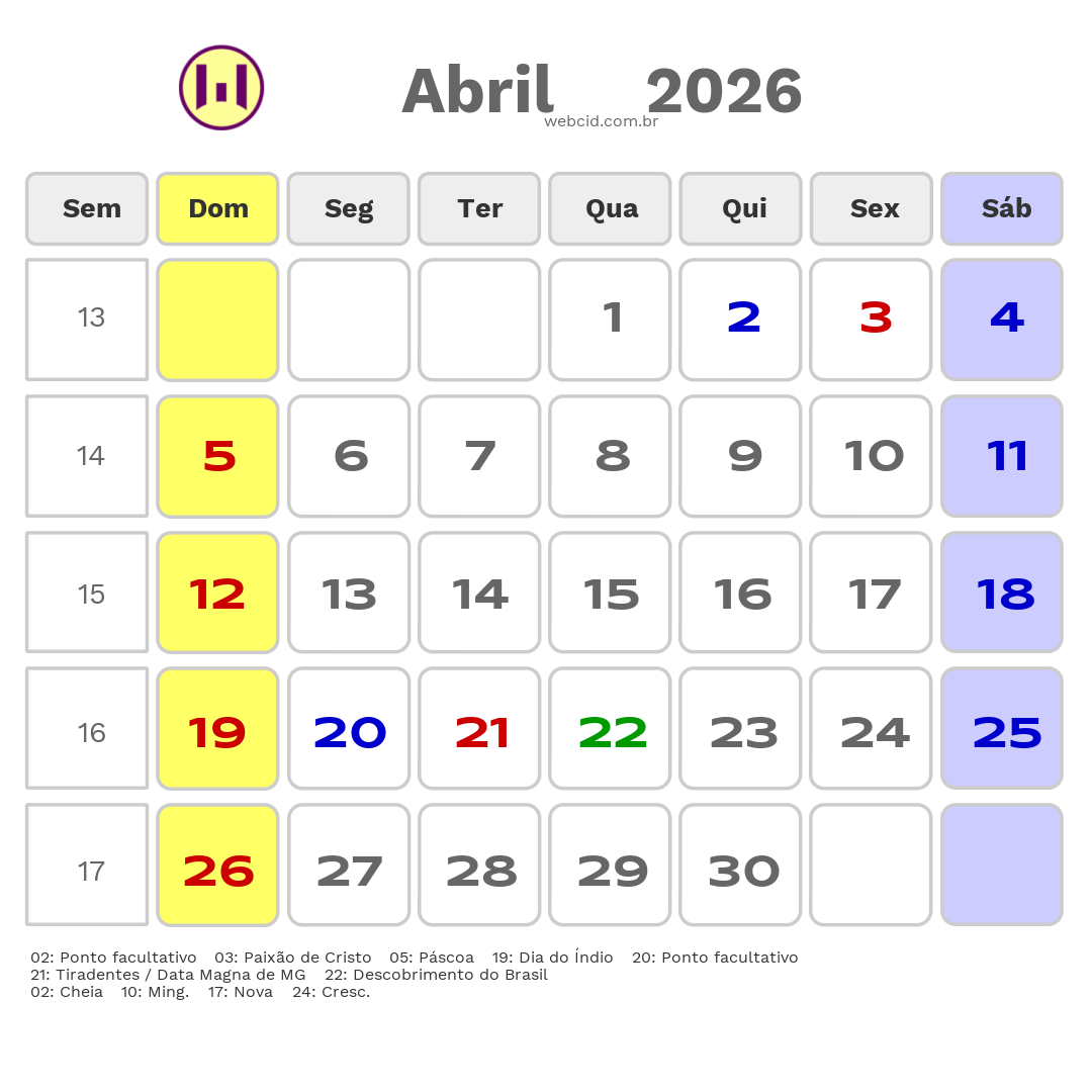 Calendário 2026 - Abril - Uba-MG com feriados e fases da lua