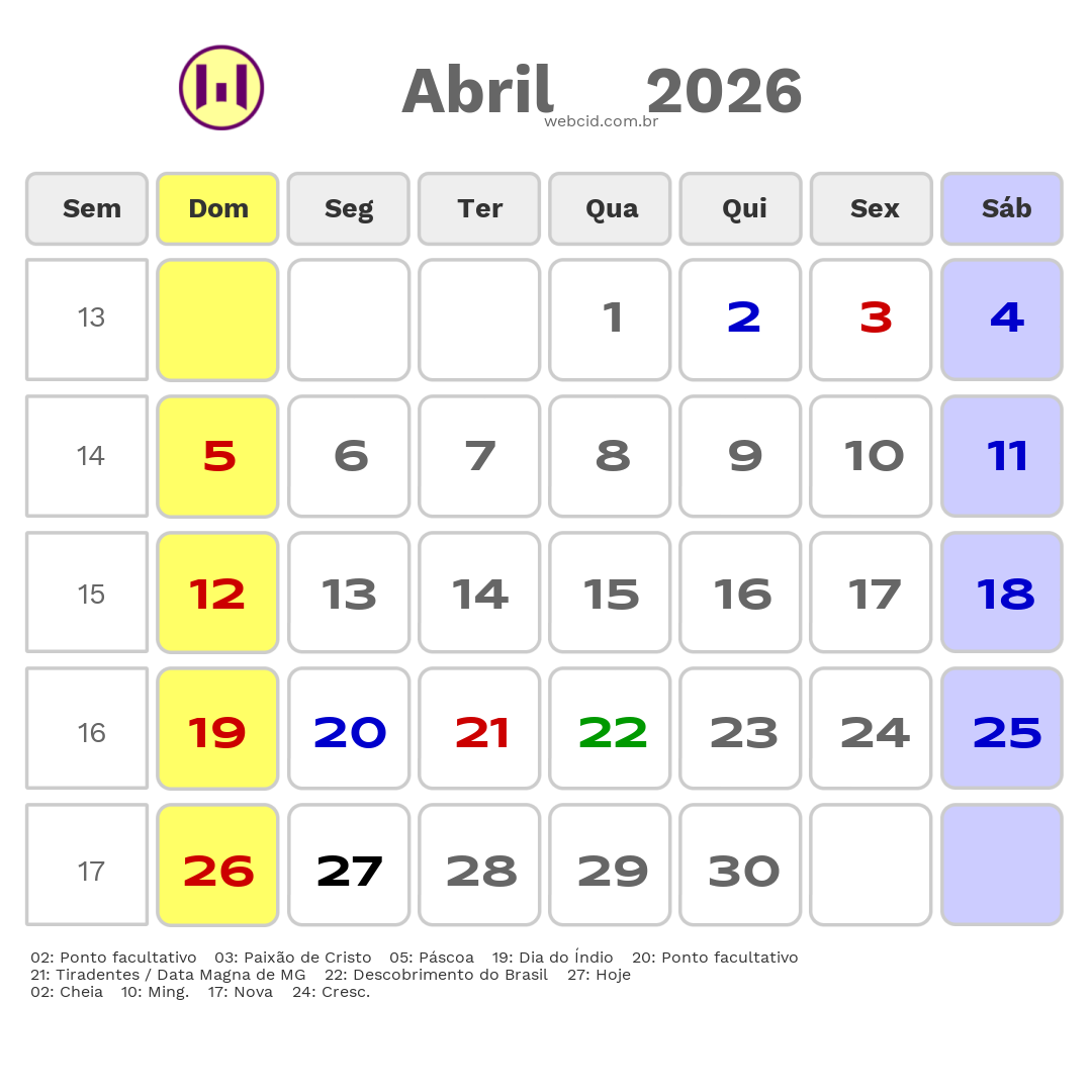 Calendário 2026 - Abril - Varginha-MG com feriados e fases da lua