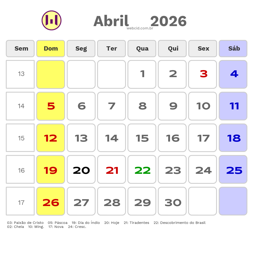 Calendário 2026 - Abril - Altamira-PA com feriados e fases da lua