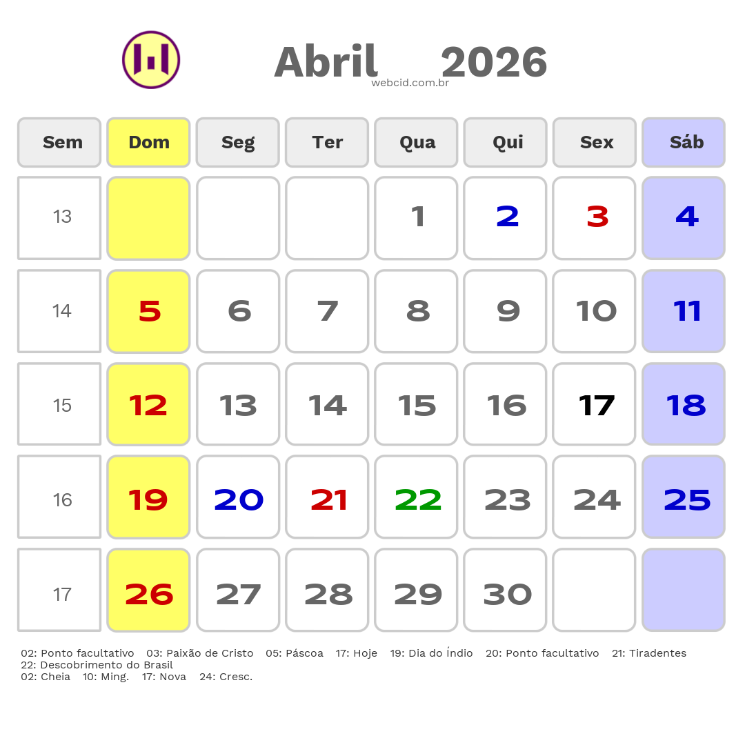 Calendário 2026 - Abril - Paranaguá-PR com feriados e fases da lua