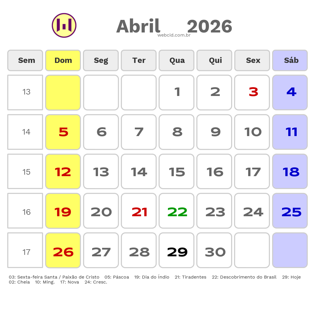 Calendário 2026 - Abril - Santa Cruz do Capibaribe-PE com feriados e fases da lua