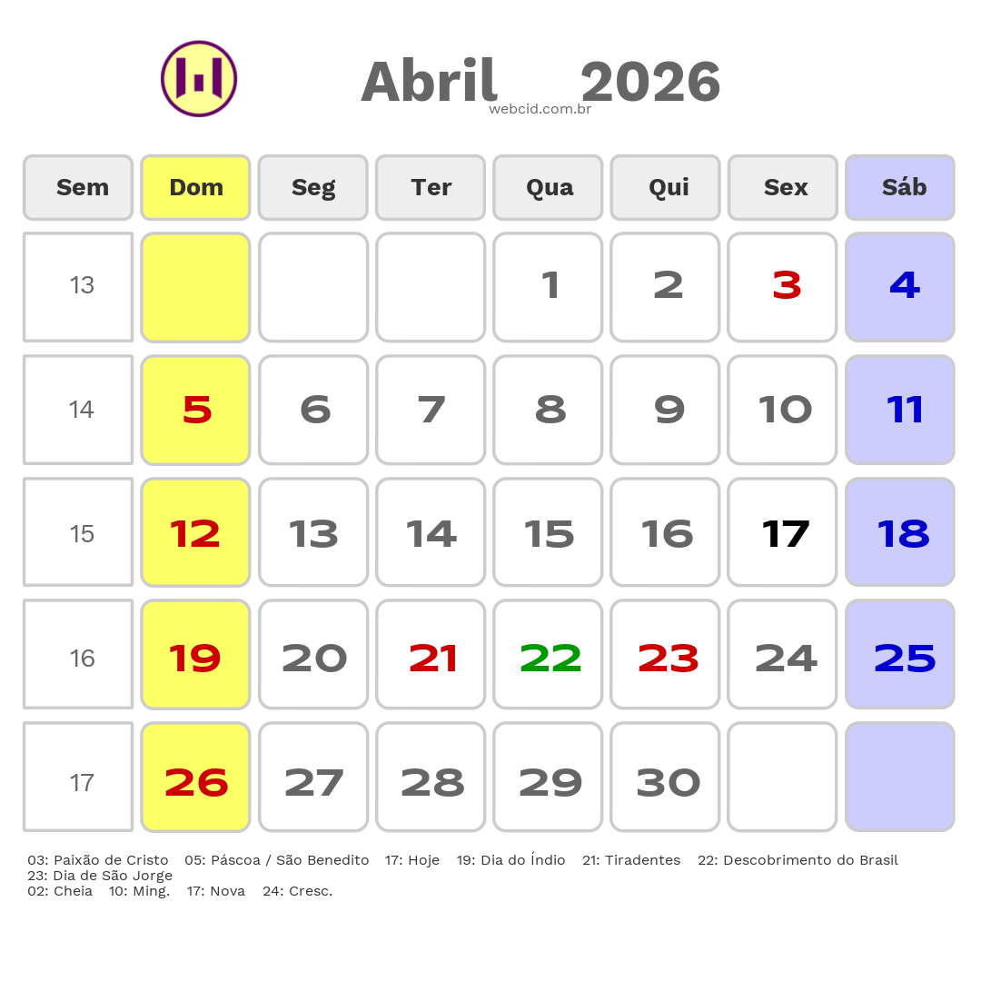Calendário 2026 - Abril - Angra dos Reis-RJ com feriados e fases da lua