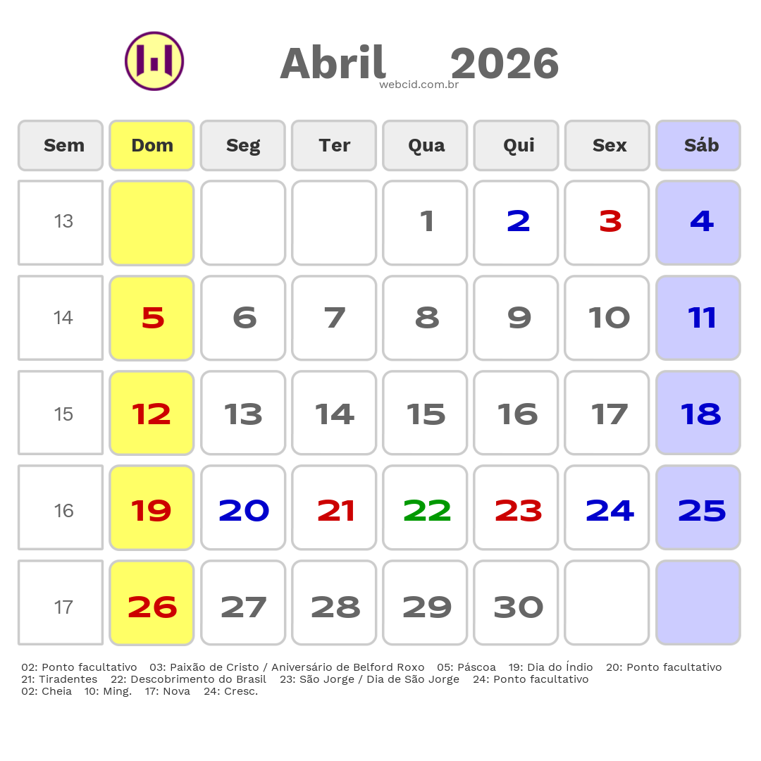 Calendário 2026 - Abril - Belford Roxo-RJ com feriados e fases da lua