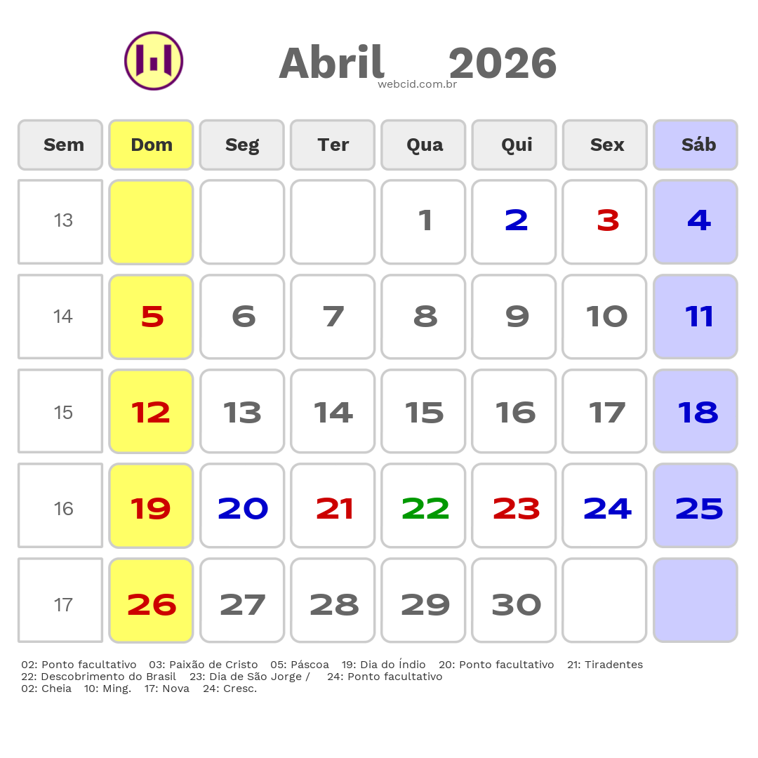 Calendário 2026 - Abril - Nova Friburgo-RJ com feriados e fases da lua