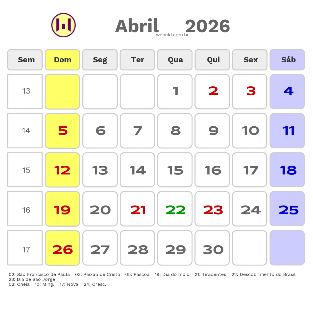 Calendário 2026 - Abril - São Francisco de Itabapoana-RJ com feriados e fases da lua
