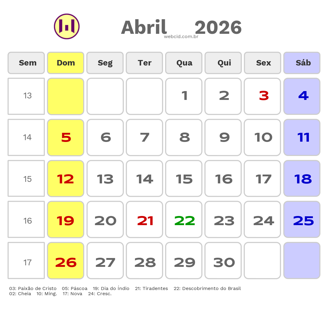 Calendário 2026 - Abril - Natal-RN com feriados e fases da lua
